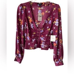 Forever 21 Purple Floral Long Sleeve Crop Top